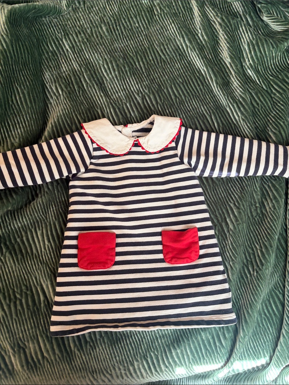 Navy & White Striped Dress with Red Pockets and Peter Pan Collar jacadi